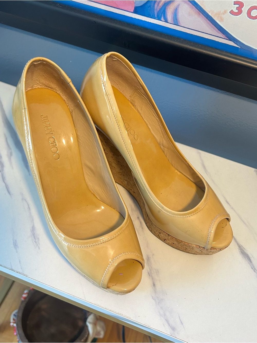 Jimmy Choo Yellow Patent Leather Cork Wedge Peep-Toe Heels